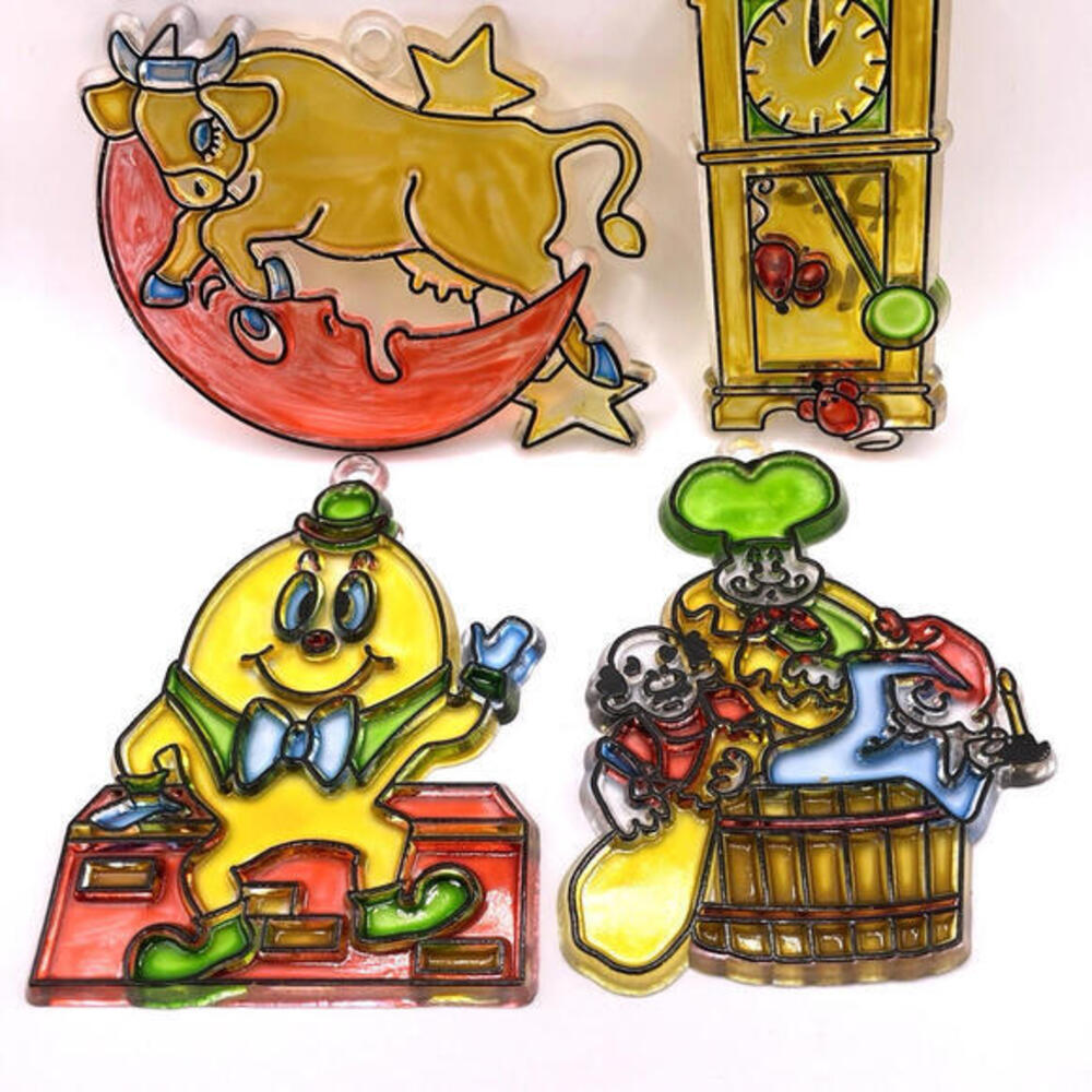 Vintage Nursery Rhyme Stained Glass Plastic Christmas Ornaments Lot of 4